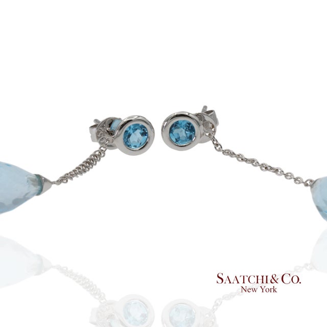 Blue 18k 750 Solid White Gold Blue Topaz Drop Earrings, Pair For Sale - Image 8 of 12