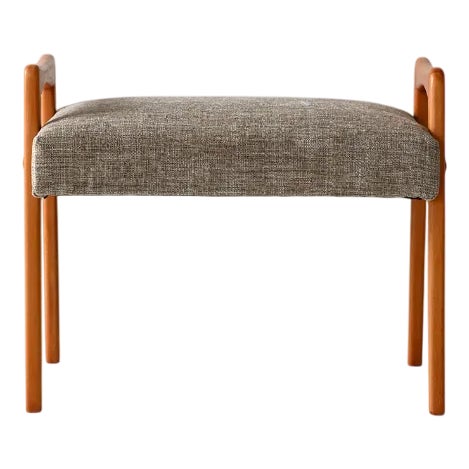 Vintage Scandinavian Oak Ottoman with Grey Upholstery, 1960s For Sale