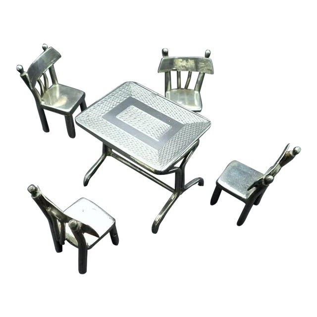 Antique 1930s Egyptian 900 Silver Miniature Table & 4 Chairs Dining Set Doll House Furniture For Sale