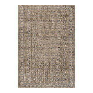 Vintage Distressed Rug, Beige and Blue Geometric Floral Pattern - Rug & Kilim For Sale