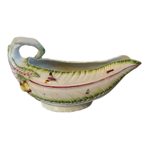 Antique 18th Century George II First Period Worcester Porcelain Lettuce Leaf Sauce Boat With Insects Circa 1750