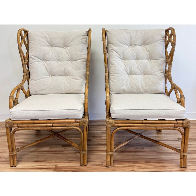 Chinoiserie Fretwork Rattan Wingback Chairs, a Pair For Sale - Image 3 of 13
