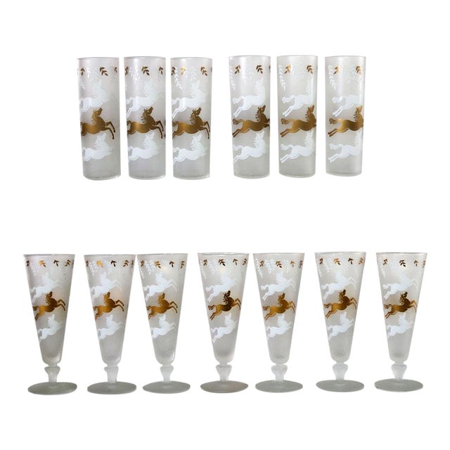 Mid-Century Modern Cavalcade by Libbey Galloping Horse Cocktail Glasses Gold White Pilsner Tom Collins For Sale