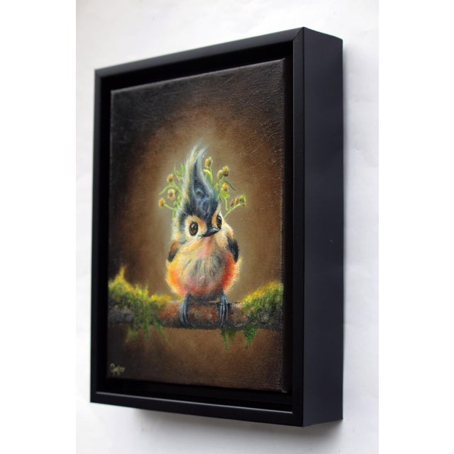 Pippin by Carrie Goller | Oil on gallery wrap canvas Bird with a floral crown on a branch For Sale - Image 4 of 4