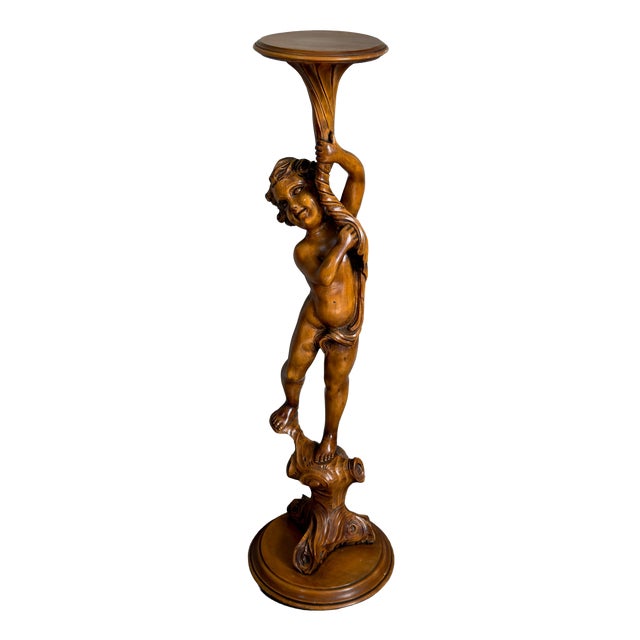 Vintage Italian Carved Wooden Cherub Pedestal Column from Artigianato Italiano, 1960s For Sale