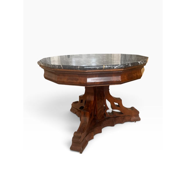 Wood Antique Octagonal Black Marble Top Mahogany Center Table on Porcelain Casters For Sale - Image 7 of 15