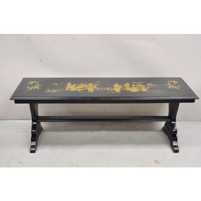 Vintage Chinoiserie Oriental Black Lacquer Gold Gilt Trestle Bench Coffee Table For Sale - Image 12 of 12