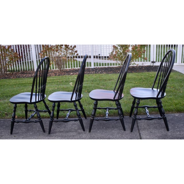 4 Ethan Allen Oak Dining Chairs Vintage Distressed Black Farmhouse Bow Back For Sale - Image 9 of 18