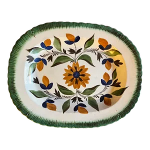 Antique Early 19th Century Staffordshire Pearlware Green Feather Edge Platter With Gaudy Decoration