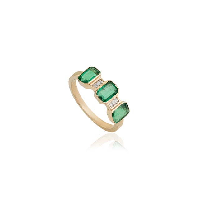 Natural Zambian Emerald Three Stone Ring With Diamond Accents in 14k Gold Size 5 For Sale - Image 4 of 15