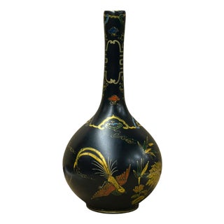 Chinese Black Lacquer Color Graphic Decorative Wood Vase Art For Sale