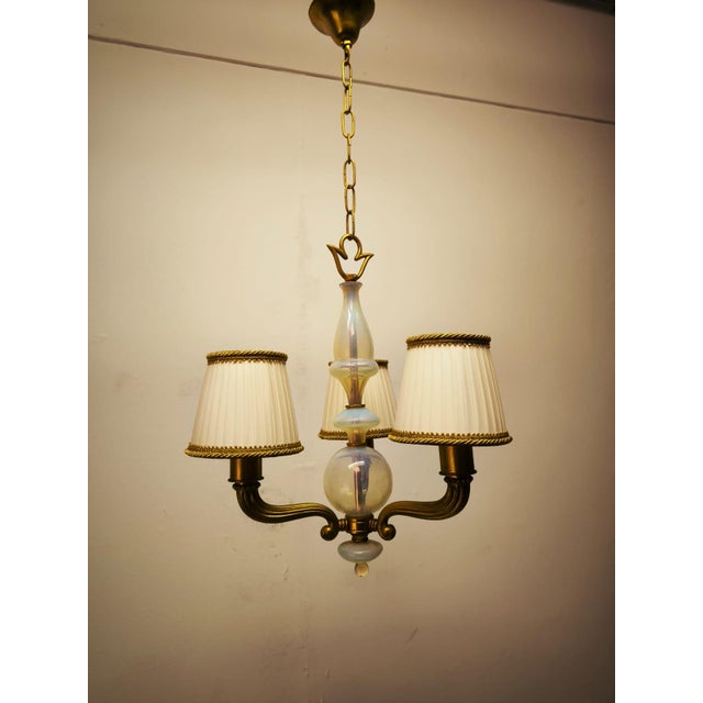 Brass and Murano Chandelier with Silk Lampshades, 1950s For Sale - Image 9 of 18