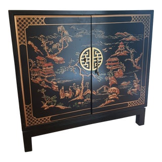 1980s Drexel Heritage Black Chinoiserie Style Sleek Cabinet For Sale