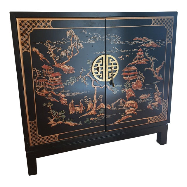 1980s Drexel Heritage Black Chinoiserie Style Sleek Cabinet For Sale