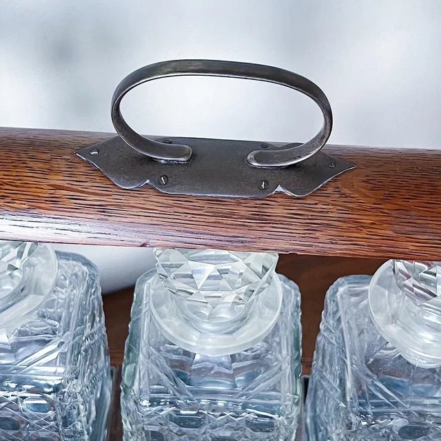 Wood Antique Oak & Brass Tantalus With Set of 3 Whiskey or Liqueur Crystal Decanters With Key For Sale - Image 7 of 10