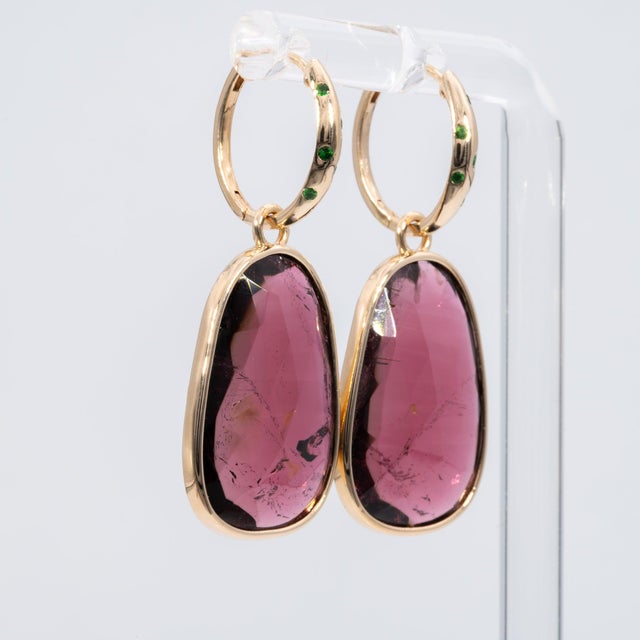 2020s 25.2Ct Rubellite Tourmaline Earrings With Tsavorite Accents: 14k Gold, 25x17mm, Pair For Sale - Image 5 of 8