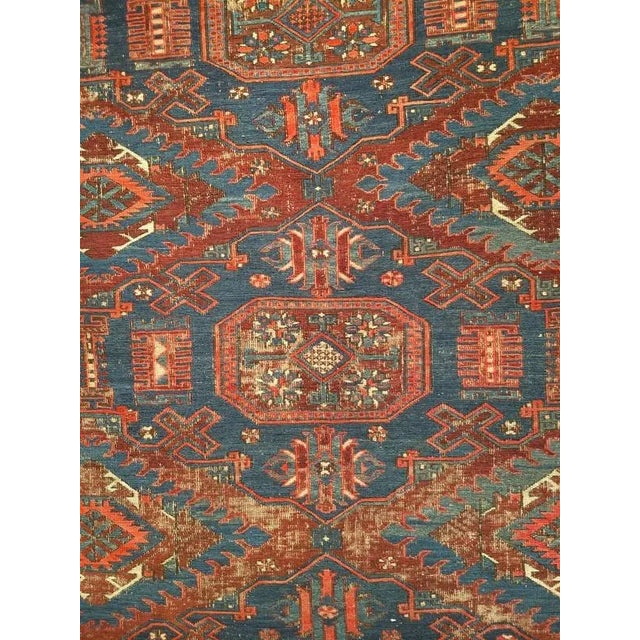 Cabin Antique Caucasian Soumak Area Rug, Handwoven Wool, Allover Geometric Pattern, Red & Blue, 5x7 For Sale - Image 3 of 8