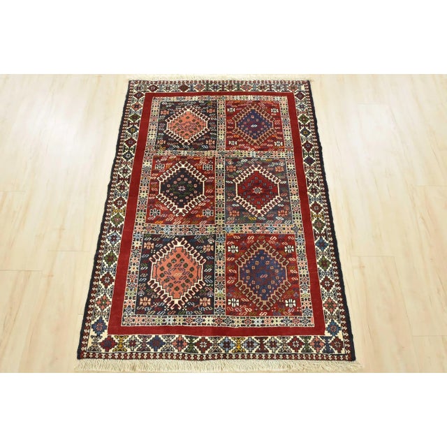 Cabin Yalameh Rug 3'5'' X 4'11'' Red Wool Vintage Tribal Hand-Knotted Oriental Carpet For Sale - Image 3 of 12