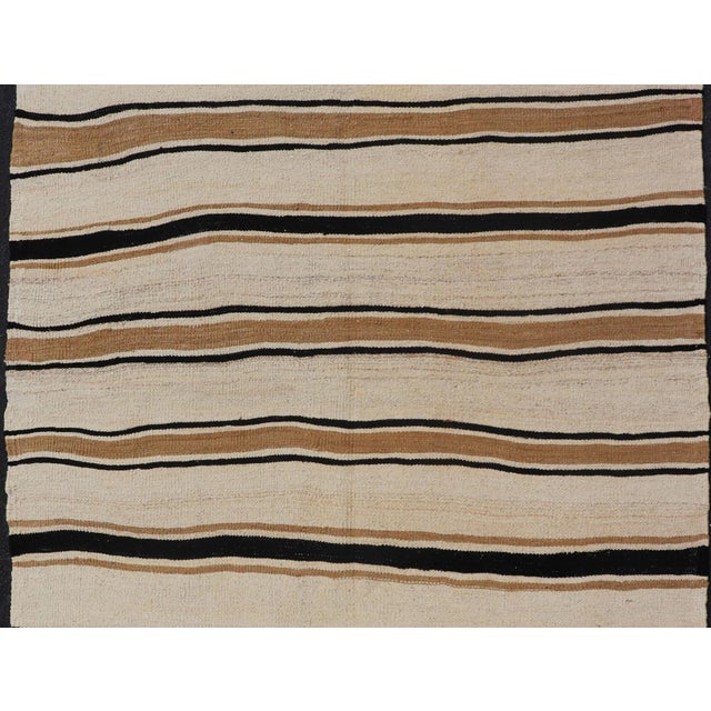 Vintage Turkish Kilim Rug With Ivory, Brown and Deep Charcoal Stripes For Sale - Image 4 of 11
