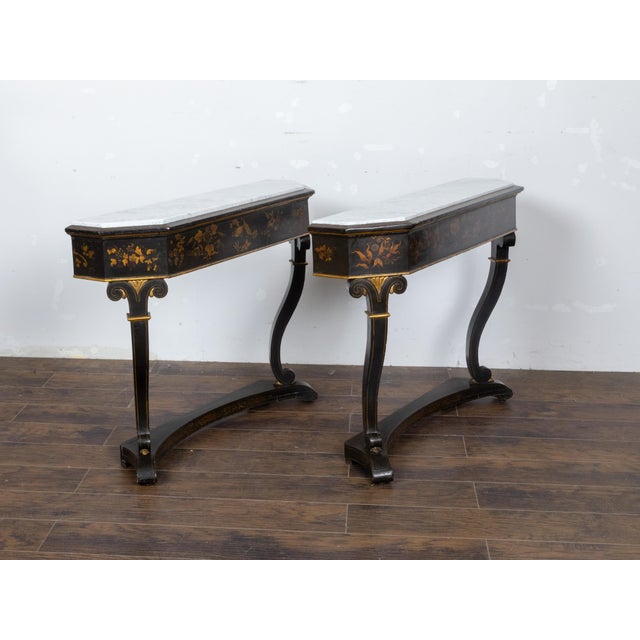 English Chinoiserie Black and Gold Console Tables with White Marble Tops, a Pair For Sale In Atlanta - Image 6 of 12