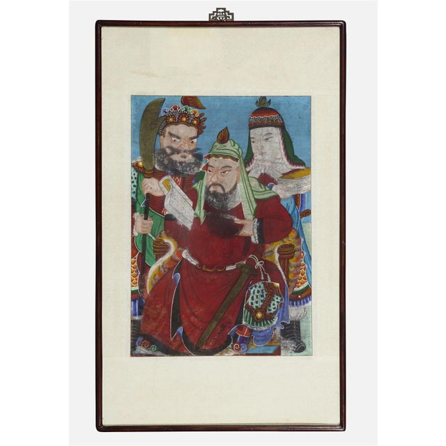A Korean folk Shamanism watercolor on textile matted with woven brocade and presented in a wood frame with an oriental...