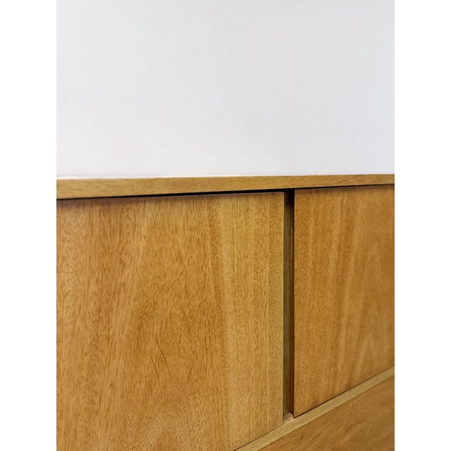 Wood Mid Century Tallboy Dresser MCM Five Drawer Brass Accent Warm Gray Tone Wood For Sale - Image 7 of 14