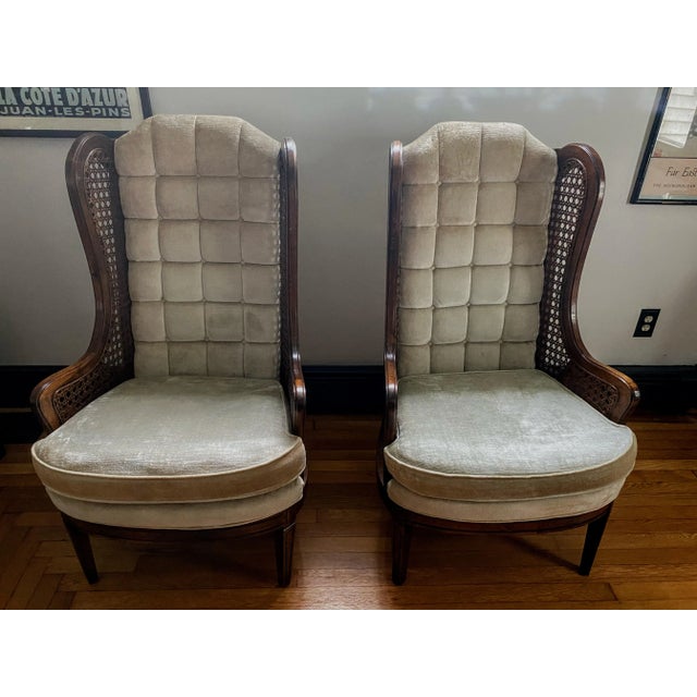 Caned Wingback Velvet Chairs Pair by LeWittes For Sale - Image 13 of 16