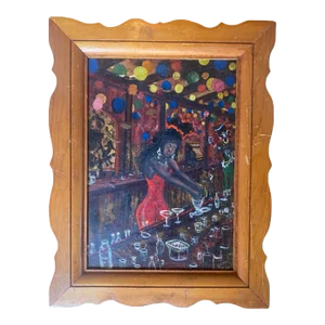 Vintage Oil on Canvas Painting Depicting a Bar Scene and Lively Black Female Bartender, Circa 1970 Signed Jerome Neal