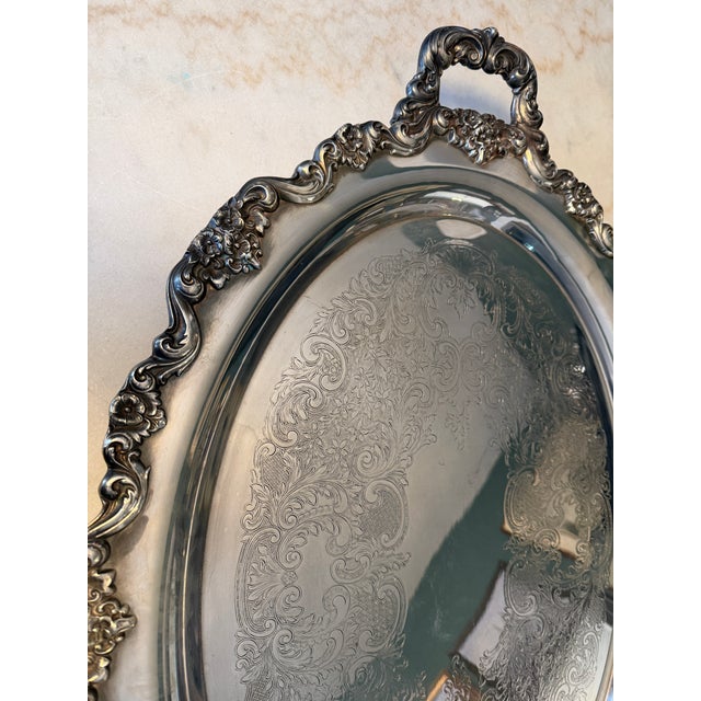1950s Poole Lancaster Rose Silverplate Large Oval Footed Serving Platter For Sale - Image 11 of 14