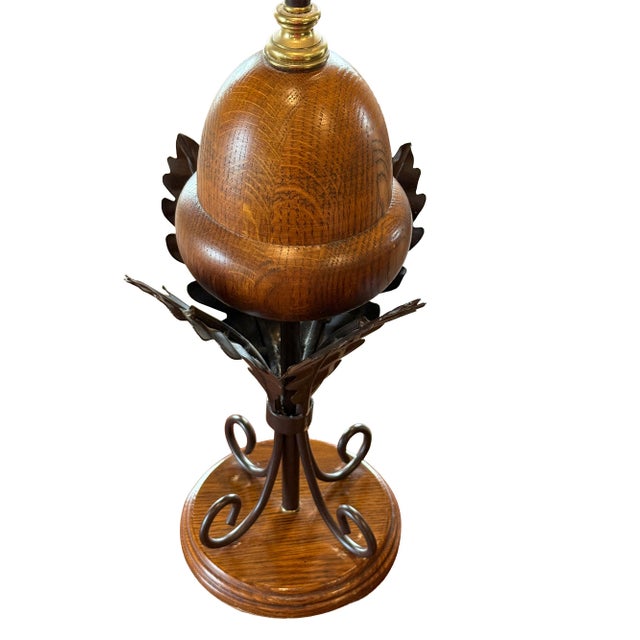 Brown Pair of Vintage 1990s Acorn Table Lamps With Wrought Iron Oak Leaves – Quality Wood & Metal For Sale - Image 8 of 14
