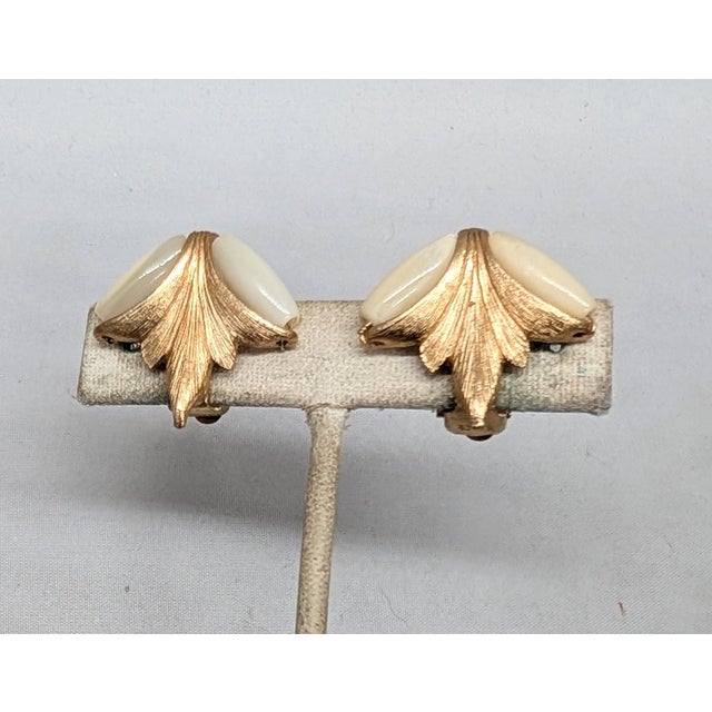 Mid-Century Modern Vintage Signed Napier Goldtone Mother-of-Pearl Clip Earrings-2 Pieces For Sale - Image 3 of 7