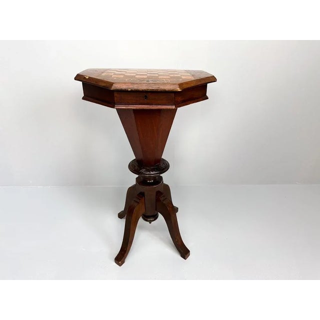 Antique Inlaid Chess Trumpet Sewing Table For Sale - Image 4 of 15