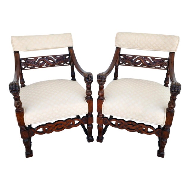 Chinoiserie Foo Dog Armchairs Pair Mid Century For Sale