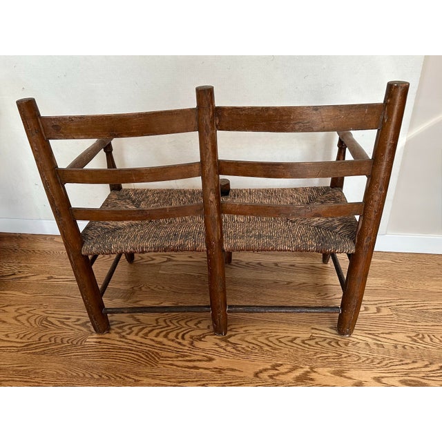 Antique American Ladderback Rush Seat Bench For Sale - Image 4 of 9