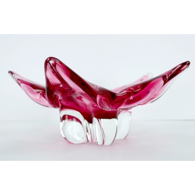 Josef Hospodka Chribska Glassworks, Czech Pink Star Flower Footed Glass Dish For Sale In Monterey, CA - Image 6 of 9