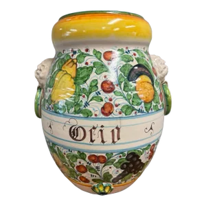 Antique Italian Hand Painted Fruit Decorated Oil Jar Vase Figural Lion Handles
