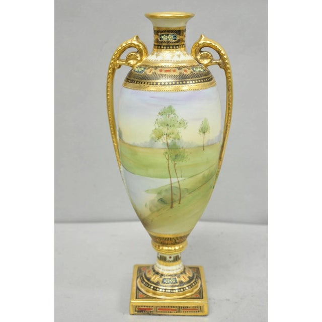 Antique Nippon Hand Painted Twin Handled Gold Gilt Lake & Swan Scene Bolted Vase For Sale - Image 10 of 17