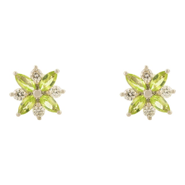 Artisanal 14k Gold Stud Earrings With Peridot & Diamond Floral Design- A Pair For Sale