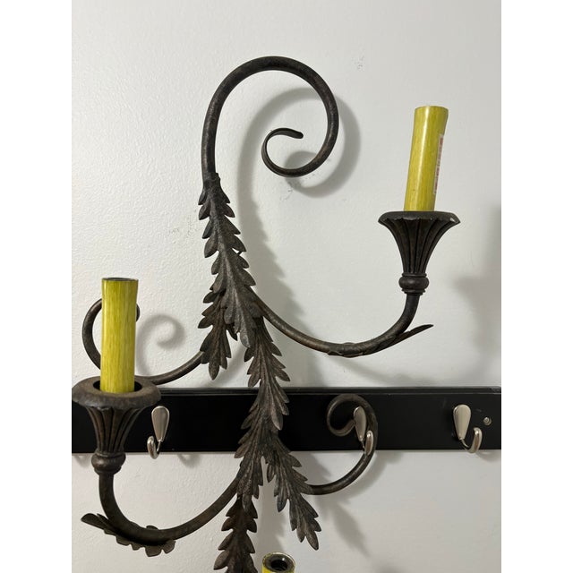 Hollywood Regency Vintage Black Metal Hollywood Regency Double-Arm Wall Sconce For Sale - Image 3 of 9