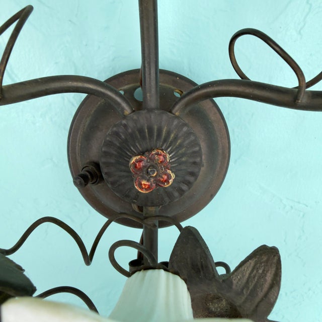 Vintage 7 Light Wrought Iron Wall Sconce With Milk Glass Flowers & Cherub Motif Matching Sconce Available Separately For Sale - Image 9 of 12