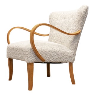 Swedish Lounge Chair in Elm Wood with Teddy Fur Upholstery, 1950s For Sale