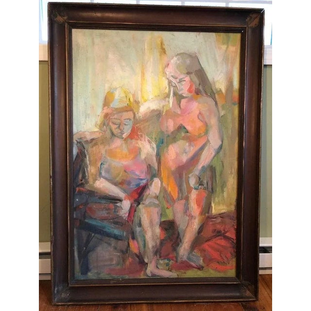 Large Picasso Style Mid-Century Modern oil on board of two women. Colorful, impasto composition of two women comforting...
