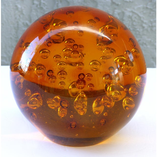 Overscale Amber Murano Blown Art Glass Sphere With Interior Bubbles