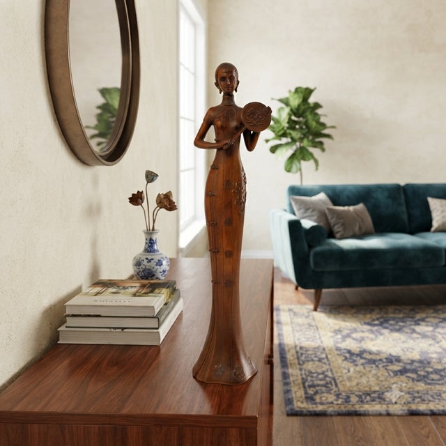 Oriental Brown Wood Carved Slim Artistic Holding Fan Lady Figure For Sale In San Francisco - Image 6 of 6