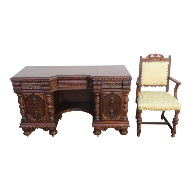 Early 1900s Heavy Hard Carved Writing Office Desk Vanity With Arm Chair Set For Sale