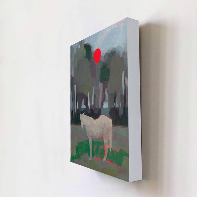 This artwork depicts a solitary white horse standing amidst a muted landscape, its presence emphasized by a striking red...