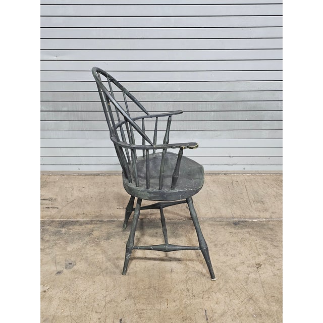 Store Item: Green Sack Back Windsor Arm Chair Distressed Finish Bench Made Description: Chair has a bent back with rail...