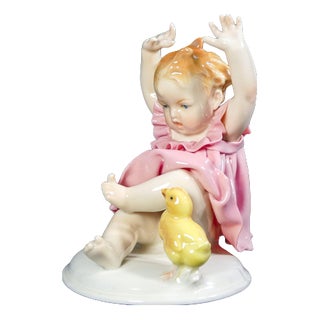 Porcelain Little Girl and Chick Sculpture, Germany For Sale