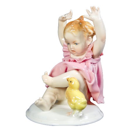 Porcelain Little Girl and Chick Sculpture, Germany For Sale