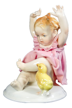 Porcelain Little Girl and Chick Sculpture, Germany